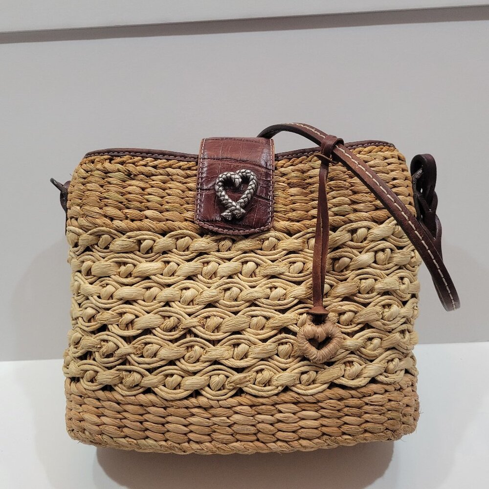Vintage Brighton Woven Straw Hand Bag Leather Trim Heart Logo
